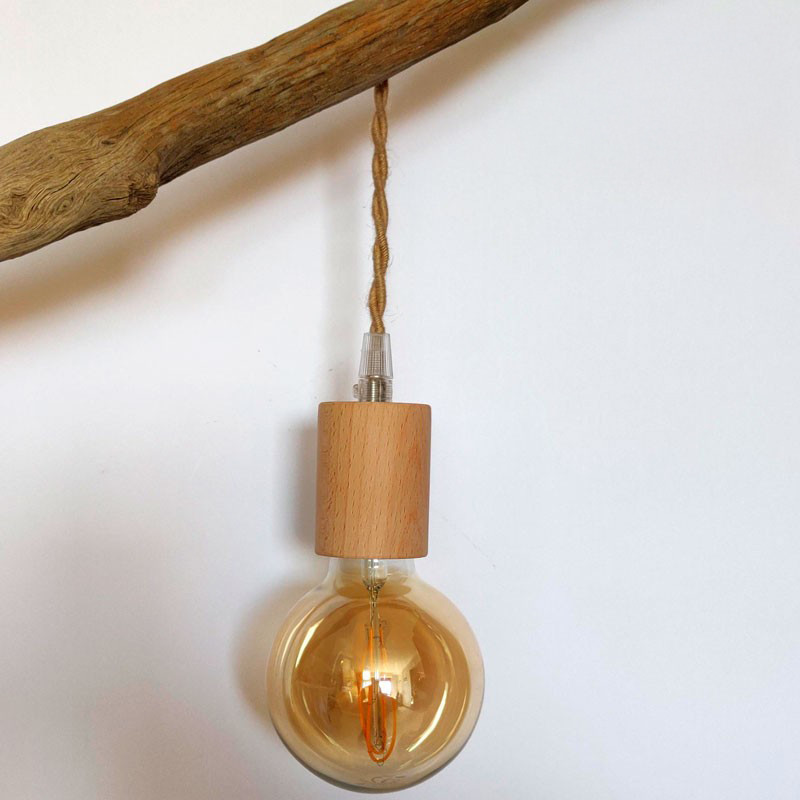 Lampe baladeuse à suspendre câble torsadé en jute et douille bois