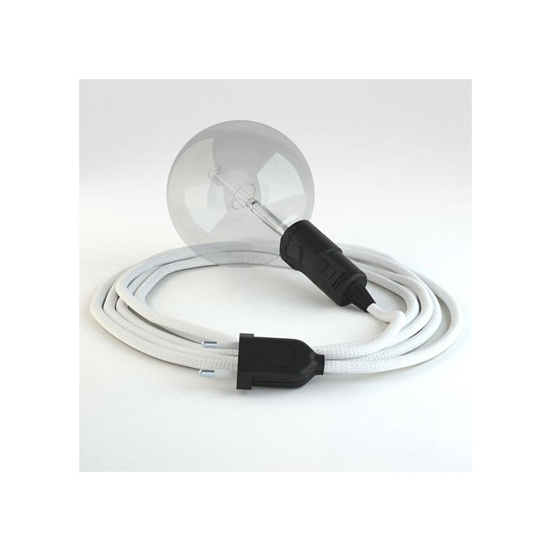 Lampe baladeuse câble textile BLANC, douille E27 bakélite noire avec interrupteur intégré Lampe baladeuse câble textile BLANC, douille E27 bakélite noire avec interrupteur intégré