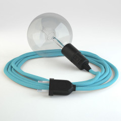 Lampe baladeuse E27 câble textile BLEU AZUR , douille bakélite avec interrupteur intégré