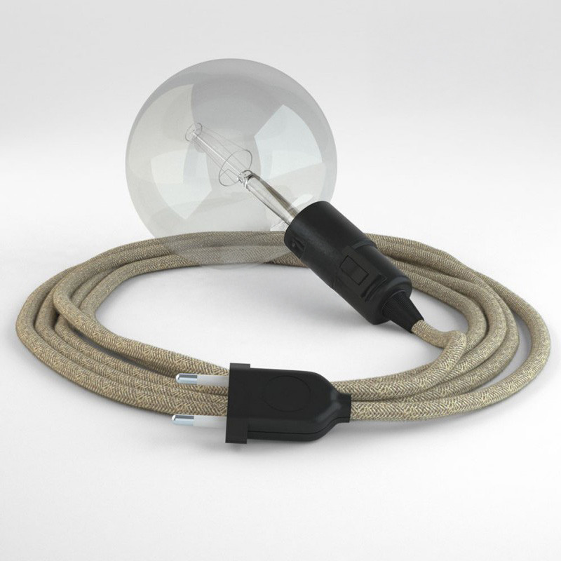 Lampe baladeuse câble textile Lin neutre, douille bakélite noire E27 avec interrupteur intégré