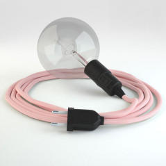 Lampe baladeuse E27 câble textile ROSE CLAIR , douille bakélite avec interrupteur intégré