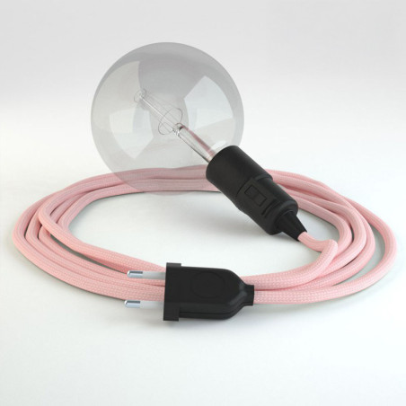 Lampe baladeuse E27 câble textile ROSE CLAIR , douille bakélite avec interrupteur intégré