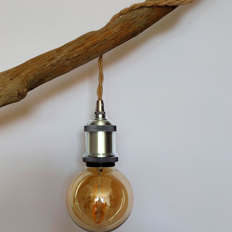 Lampe baladeuse fil jute torsadé et douille vintage chromée avec bague pour abat-jour Lampe baladeuse fil jute torsadé et douille vintage chromée avec bague pour abat-jour