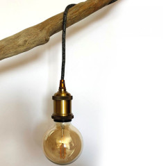 Lampe baladeuse fil rond en lin naturel anthracite et douille vintage dorée avec bague pour abat-jour