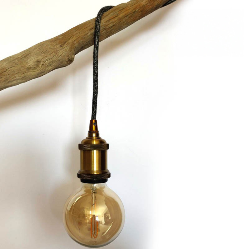 Lampe baladeuse fil rond en lin naturel anthracite et douille vintage dorée avec bague pour abat-jour Lampe baladeuse fil rond en lin naturel anthracite et douille vintage dorée avec bague pour abat-jour