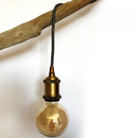 Lampe baladeuse fil rond en lin naturel anthracite et douille vintage dorée avec bague pour abat-jour